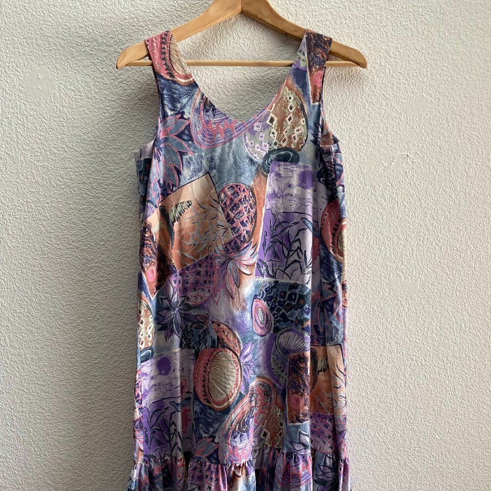 Hilo Hattie Hawaii Hawaiian V-Neck Dress Art To Wear Tiered Beach Small
